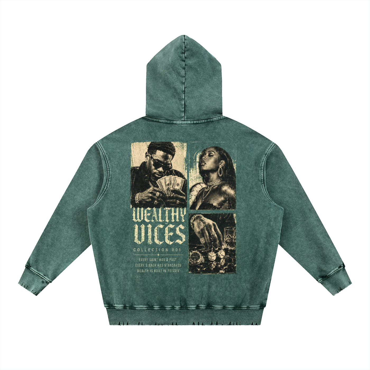 WEALTHY VICES "STANDARDS" SNOW WASHED FRAYED HEAVYWEIGHT HOODIE
