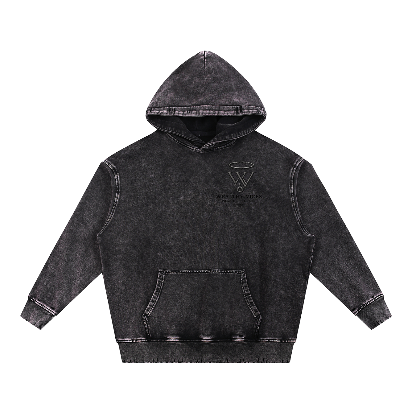 WEALTHY VICES "EVERY SAINT" SNOW WASHED FRAYED HEAVYWEIGHT HOODIE