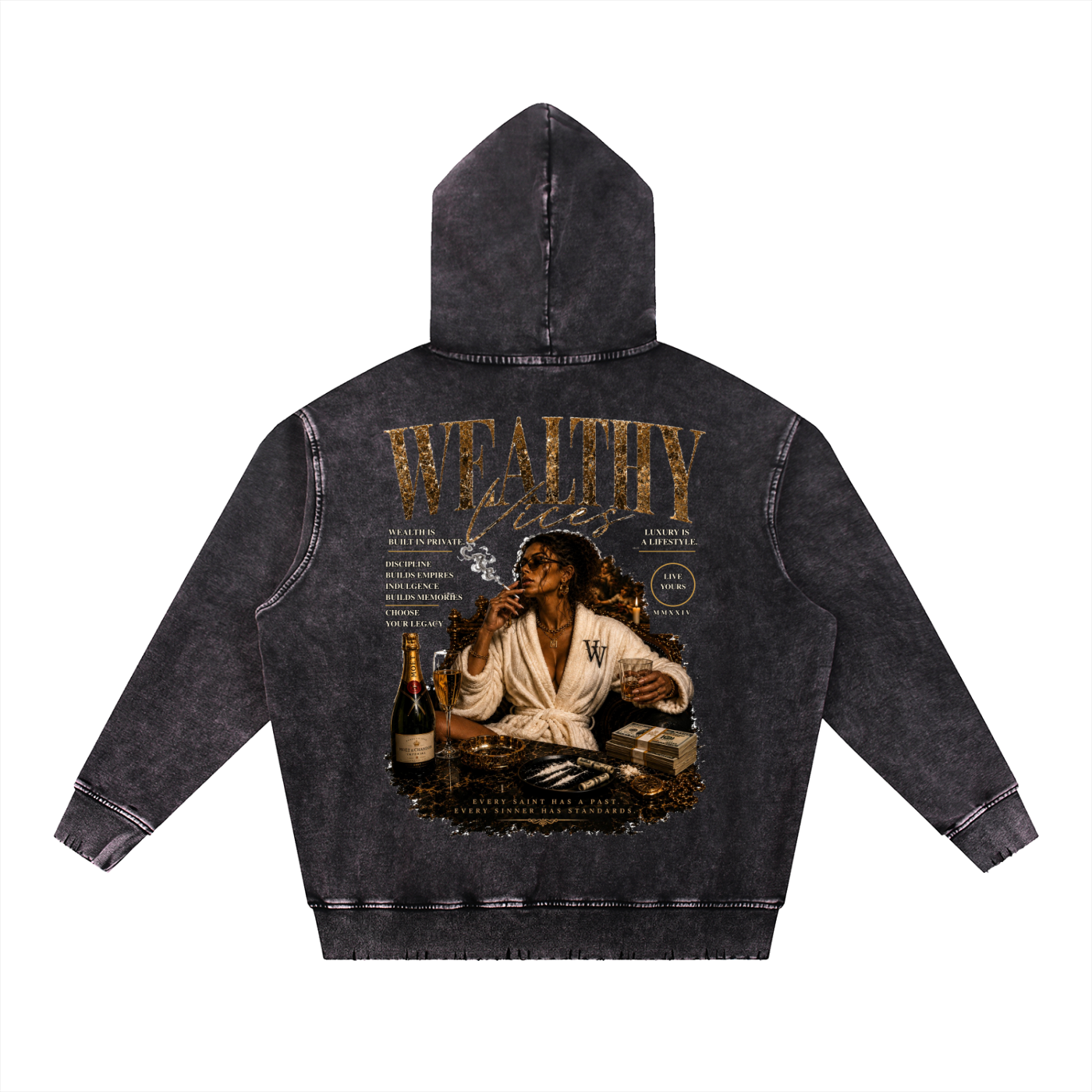 WEALTHY VICES "EVERY SAINT" SNOW WASHED FRAYED HEAVYWEIGHT HOODIE