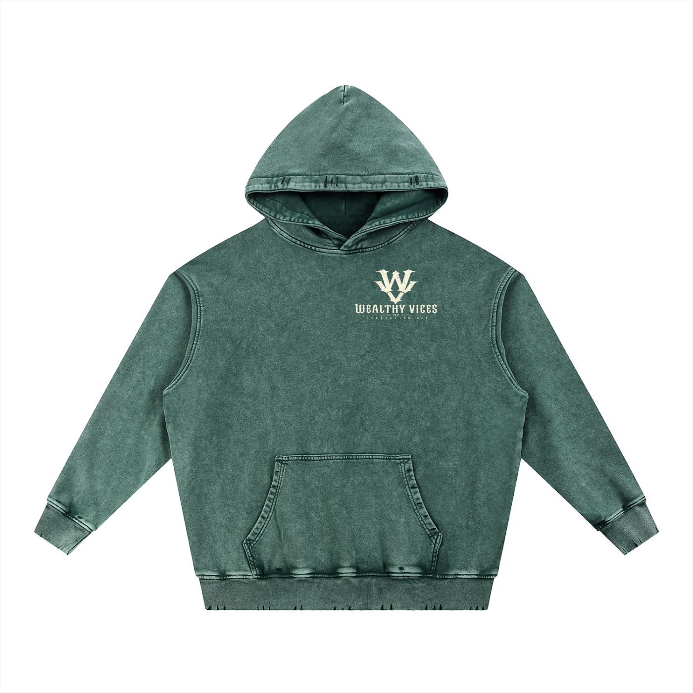 WEALTHY VICES "STANDARDS" SNOW WASHED FRAYED HEAVYWEIGHT HOODIE
