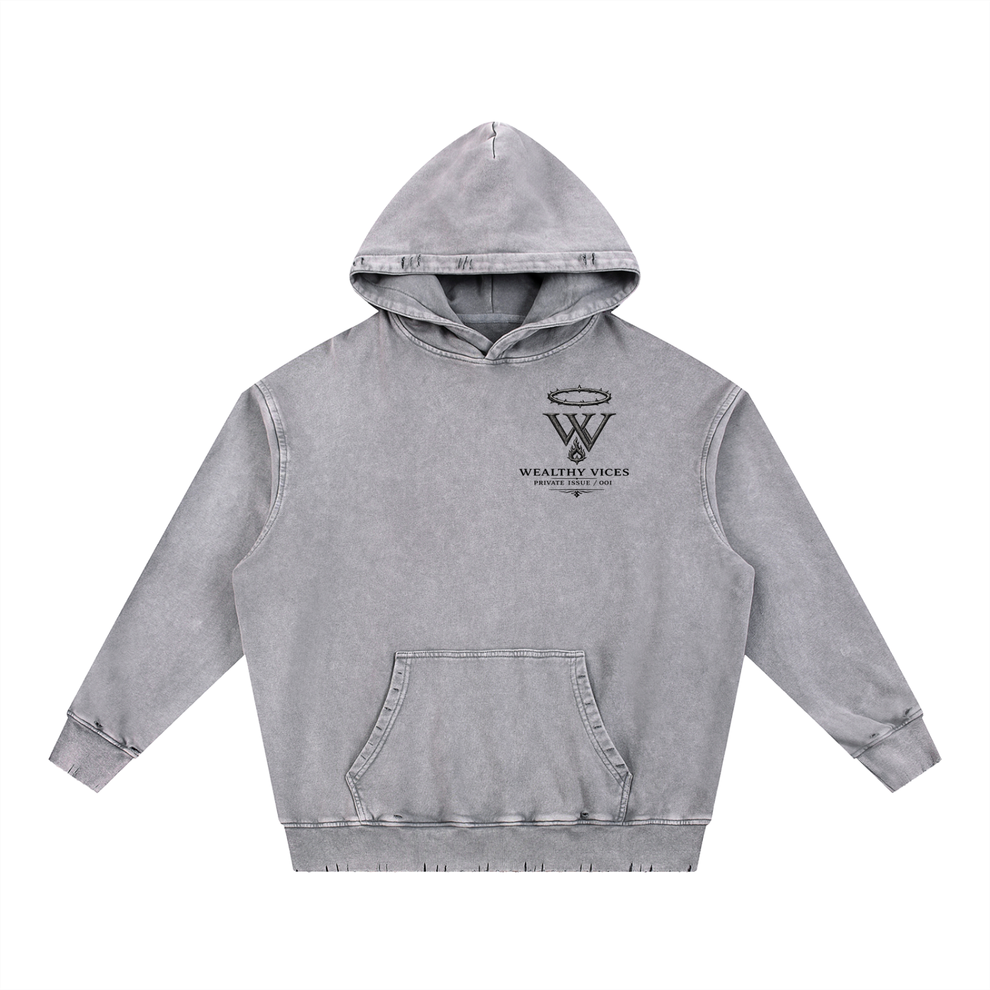 WEALTHY VICES "EVERY SAINT" SNOW WASHED FRAYED HEAVYWEIGHT HOODIE