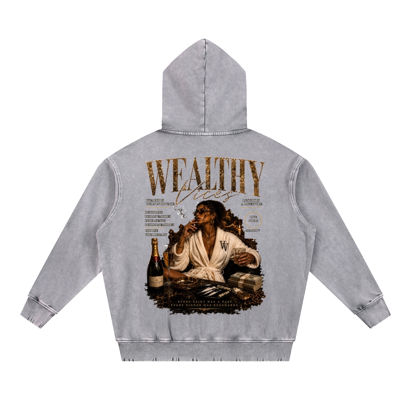 WEALTHY VICES "EVERY SAINT" SNOW WASHED FRAYED HEAVYWEIGHT HOODIE