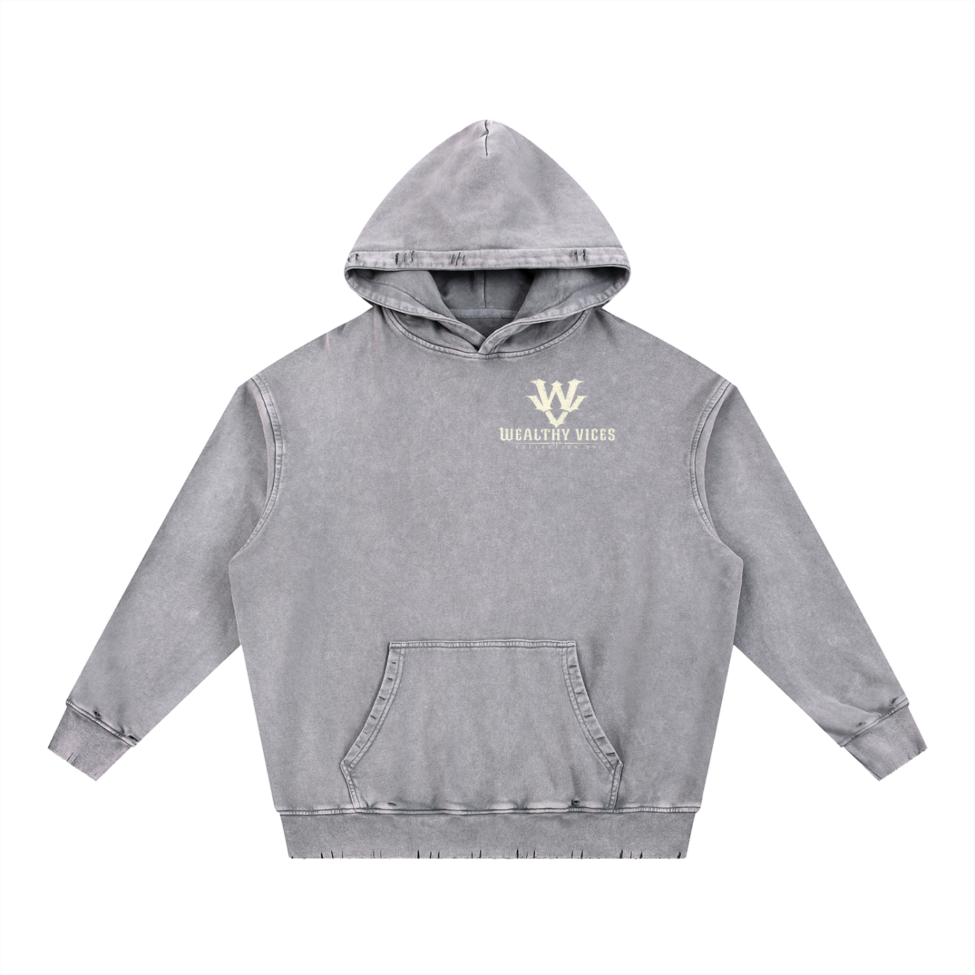 WEALTHY VICES "STANDARDS" SNOW WASHED FRAYED HEAVYWEIGHT HOODIE