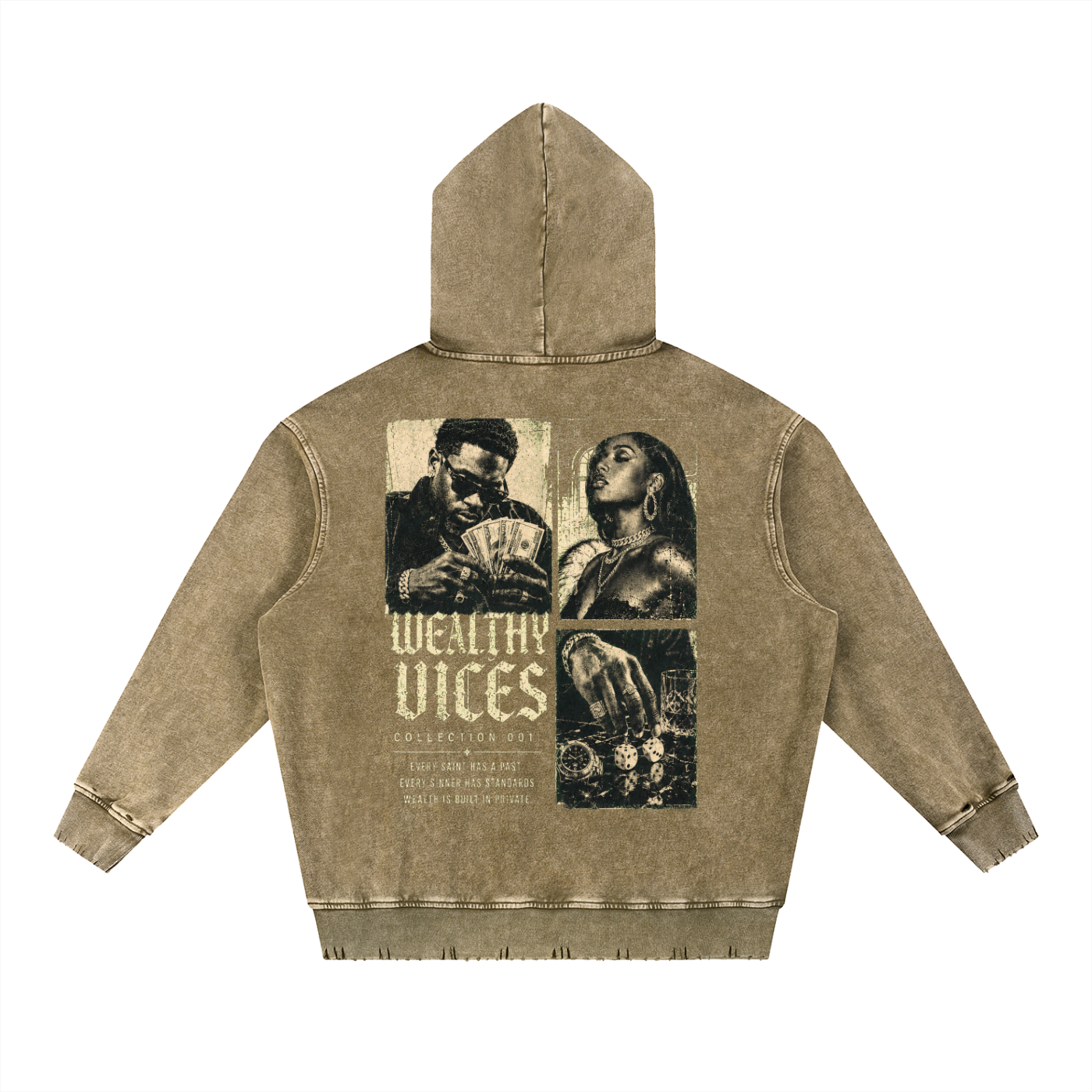 WEALTHY VICES "STANDARDS" SNOW WASHED FRAYED HEAVYWEIGHT HOODIE