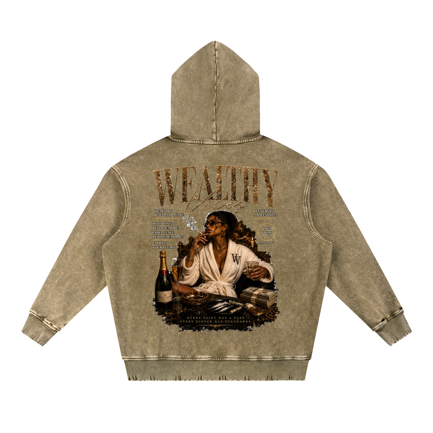 WEALTHY VICES "EVERY SAINT" SNOW WASHED FRAYED HEAVYWEIGHT HOODIE