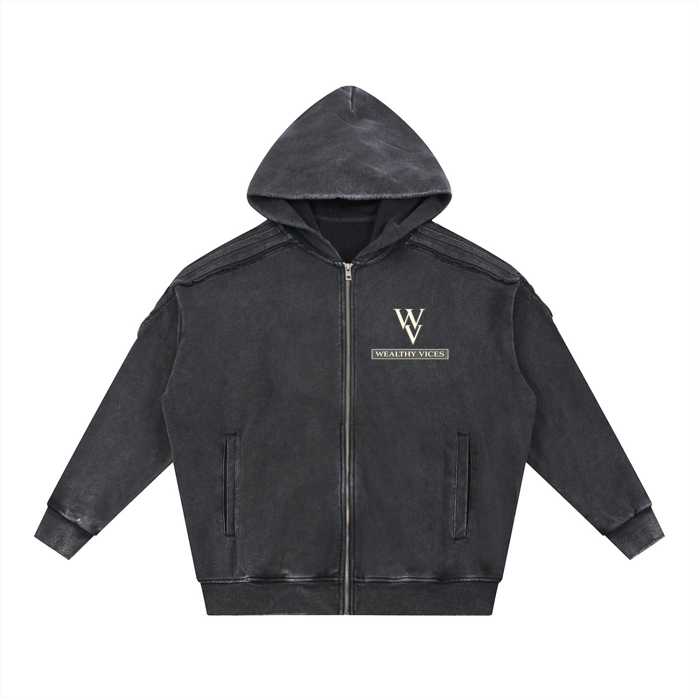 WEALTHY VICES SNOW WASHED TAPE RAW EDGE ZIP HOODIE