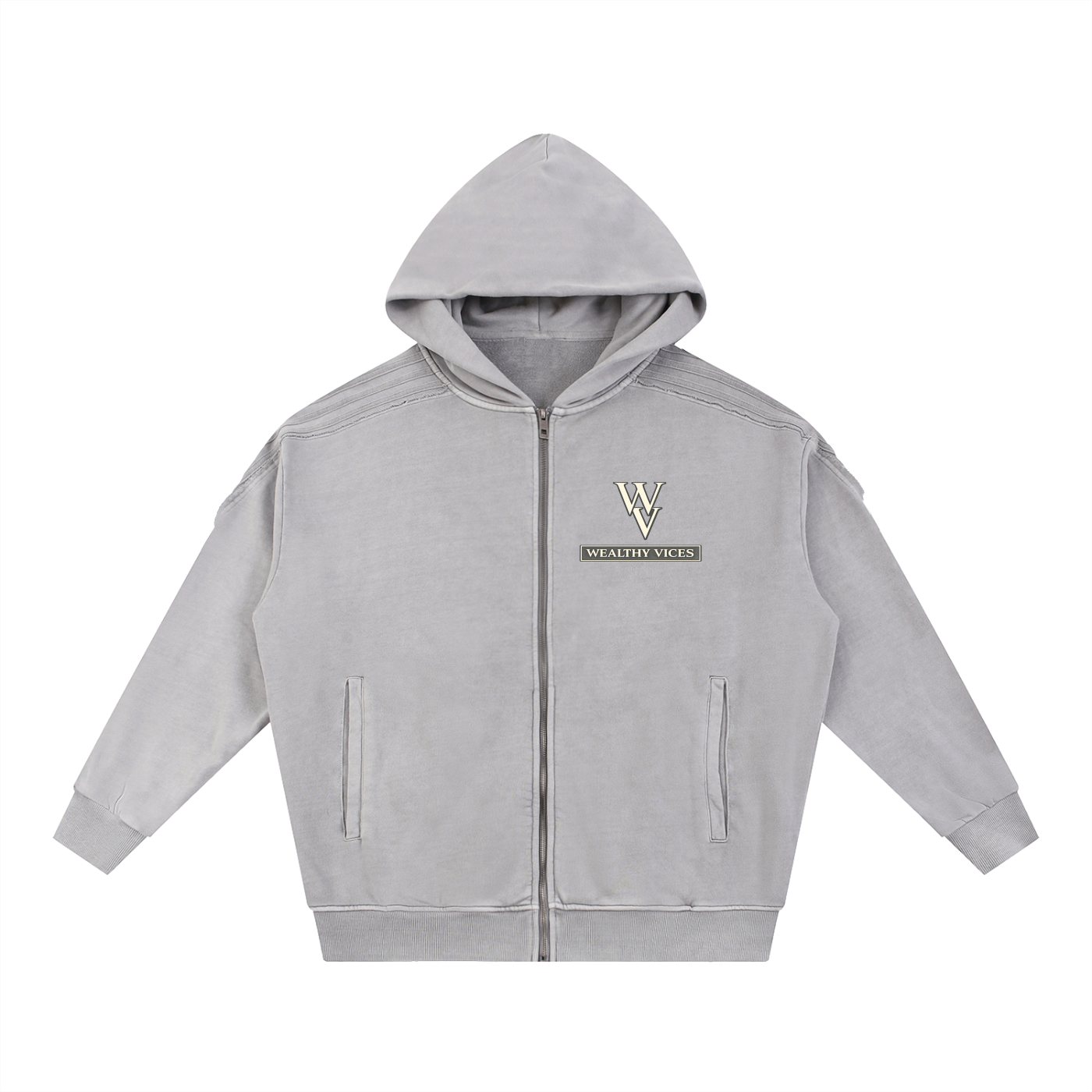 WEALTHY VICES SNOW WASHED TAPE RAW EDGE ZIP HOODIE