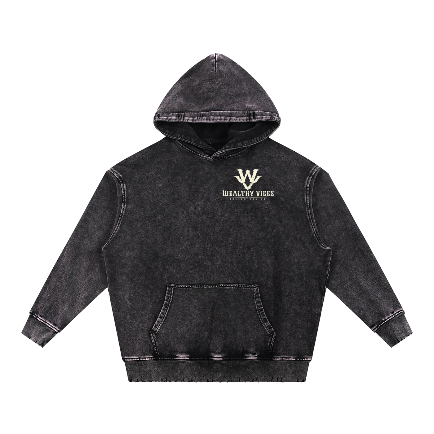 WEALTHY VICES "STANDARDS" SNOW WASHED FRAYED HEAVYWEIGHT HOODIE