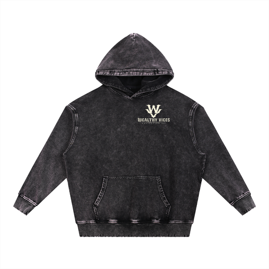 WEALTHY VICES "STANDARDS" SNOW WASHED FRAYED HEAVYWEIGHT HOODIE