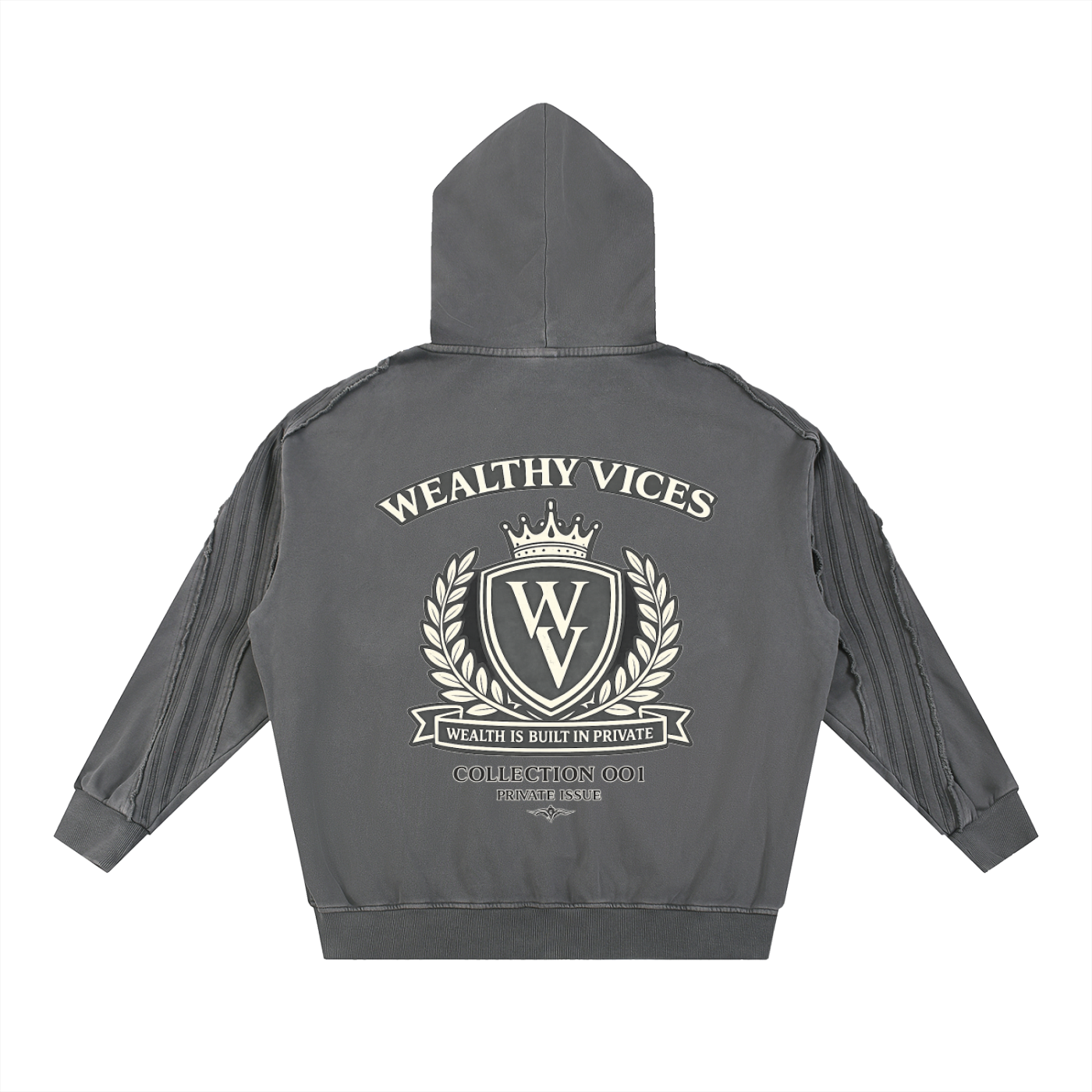 WEALTHY VICES SNOW WASHED TAPE RAW EDGE ZIP HOODIE