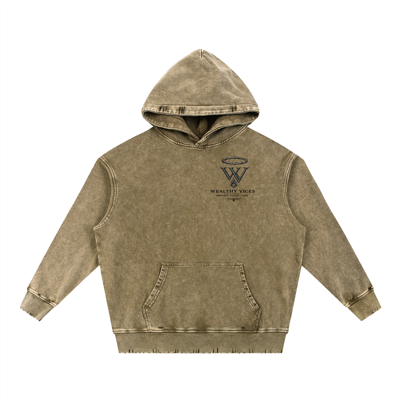 WEALTHY VICES "EVERY SAINT" SNOW WASHED FRAYED HEAVYWEIGHT HOODIE