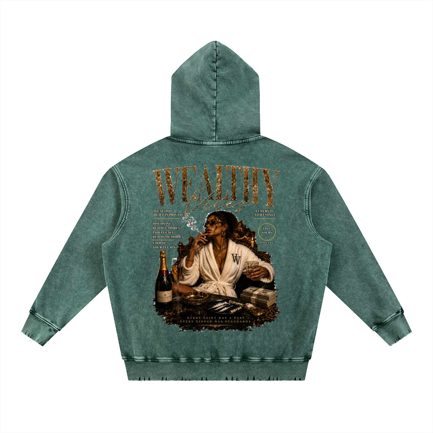 WEALTHY VICES "EVERY SAINT" SNOW WASHED FRAYED HEAVYWEIGHT HOODIE