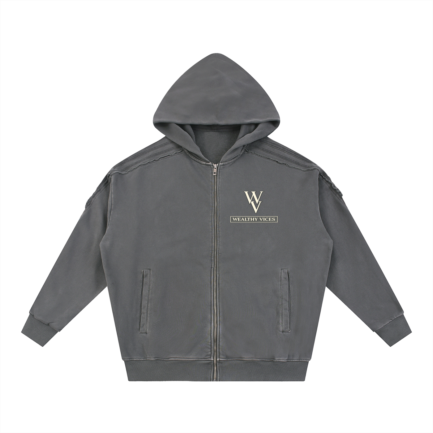WEALTHY VICES SNOW WASHED TAPE RAW EDGE ZIP HOODIE