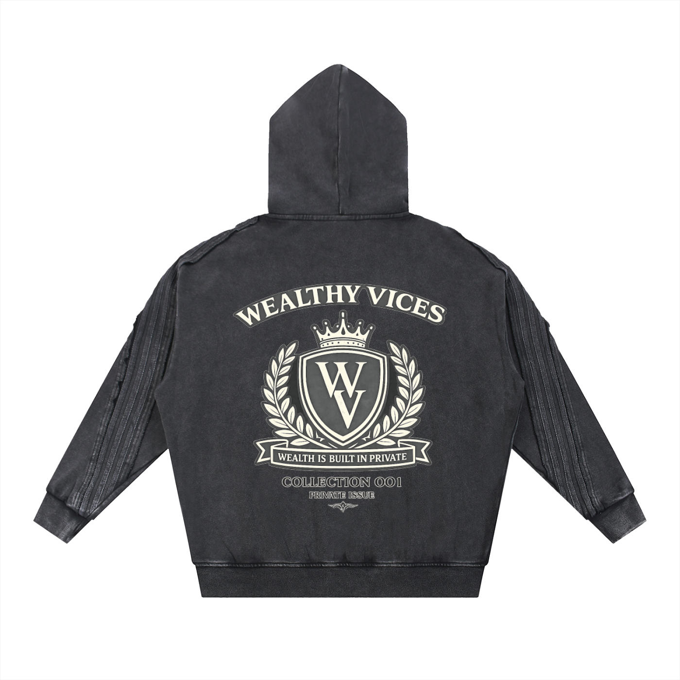 WEALTHY VICES SNOW WASHED TAPE RAW EDGE ZIP HOODIE