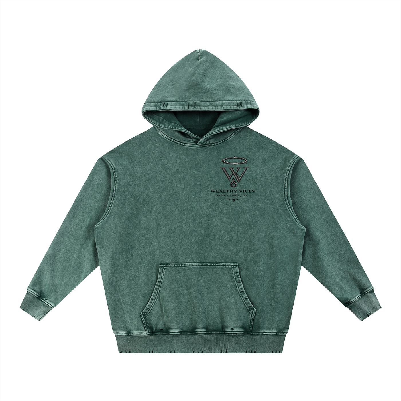WEALTHY VICES "EVERY SAINT" SNOW WASHED FRAYED HEAVYWEIGHT HOODIE