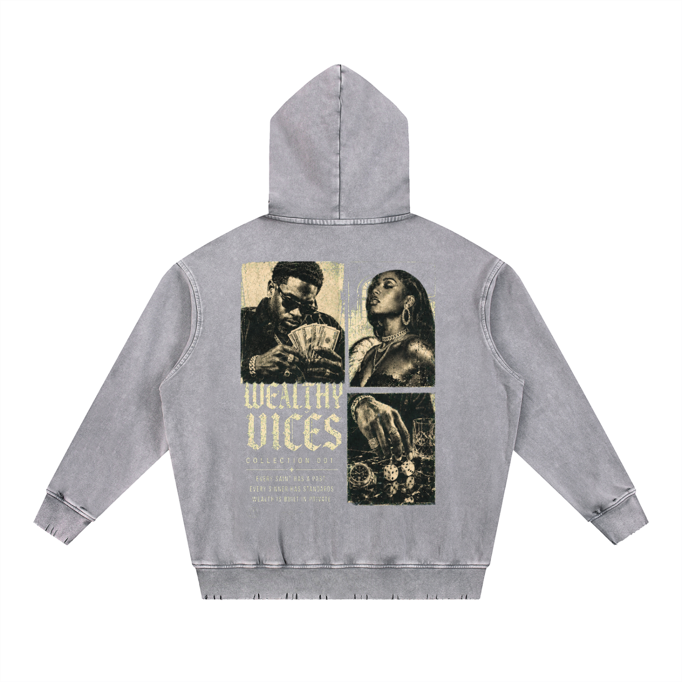 WEALTHY VICES "STANDARDS" SNOW WASHED FRAYED HEAVYWEIGHT HOODIE