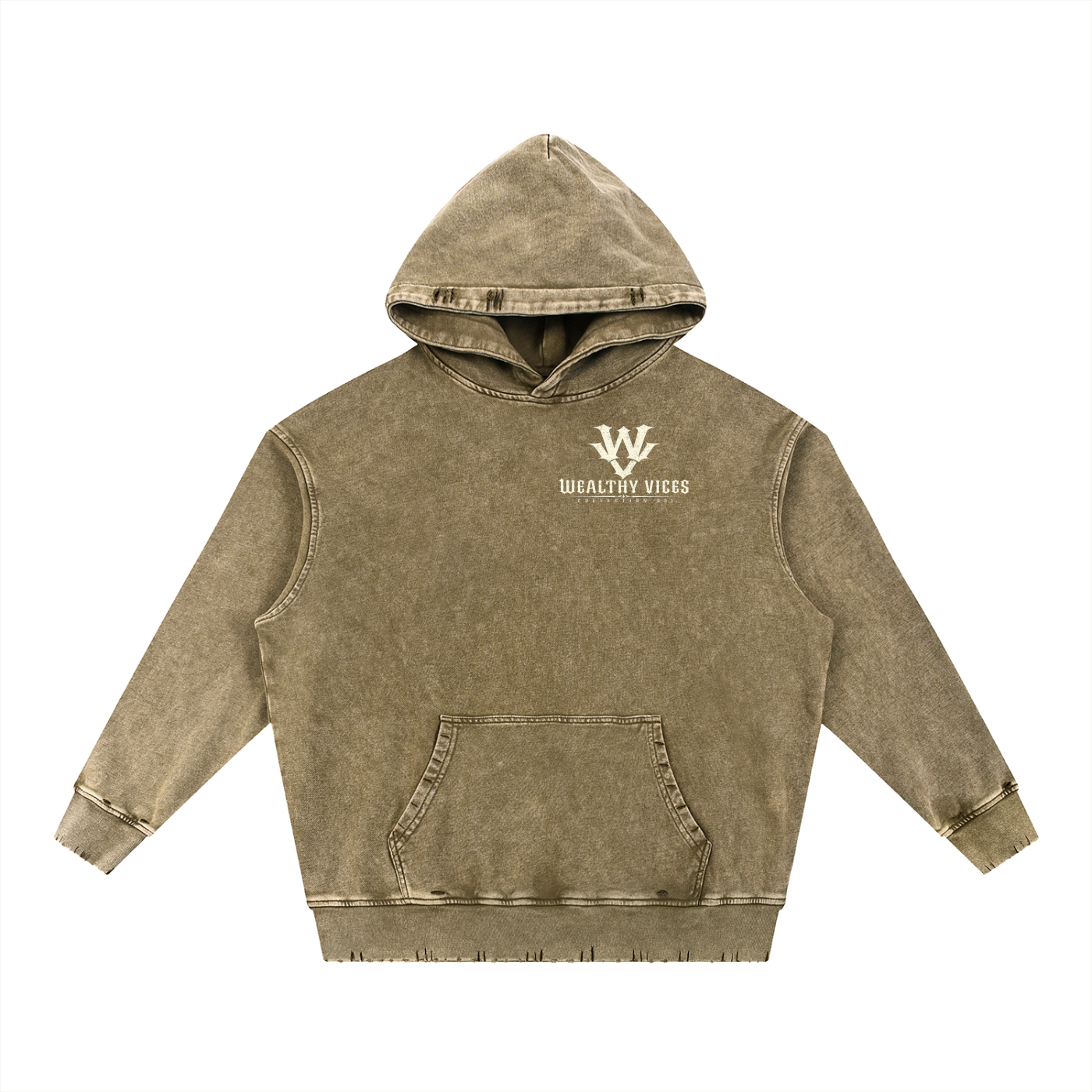 WEALTHY VICES "STANDARDS" SNOW WASHED FRAYED HEAVYWEIGHT HOODIE