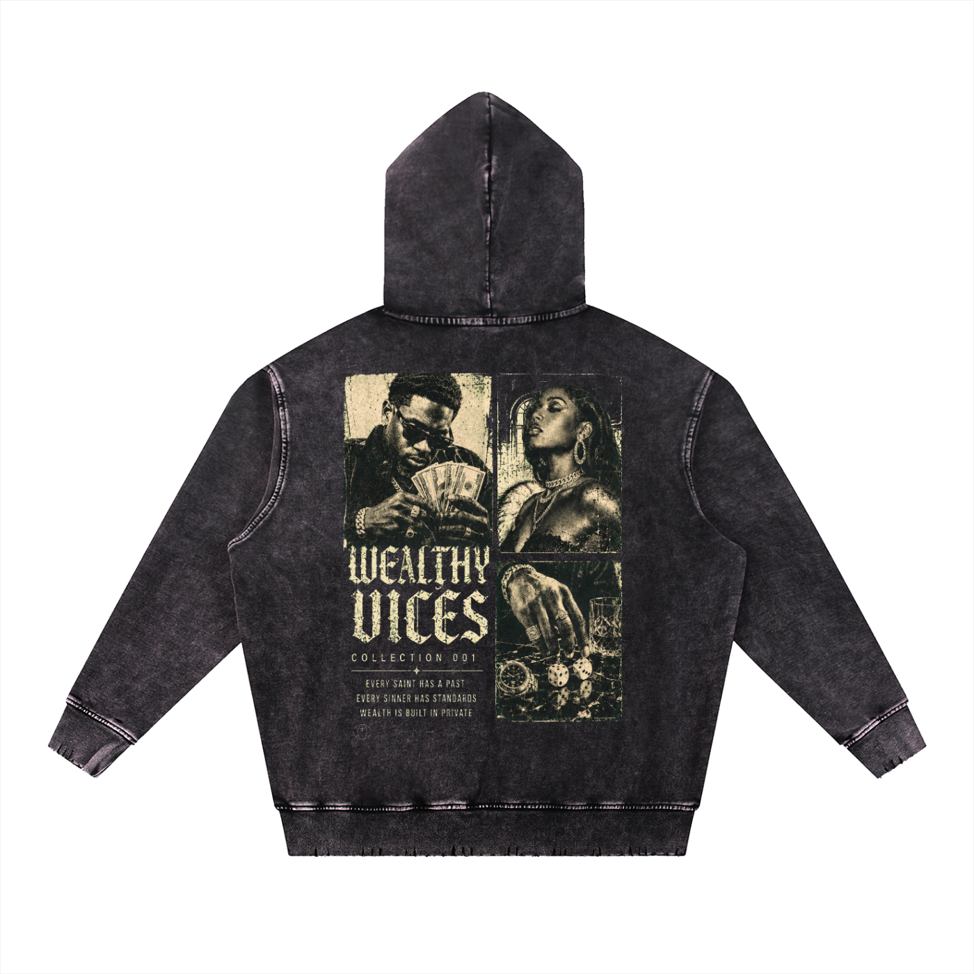 WEALTHY VICES "STANDARDS" SNOW WASHED FRAYED HEAVYWEIGHT HOODIE