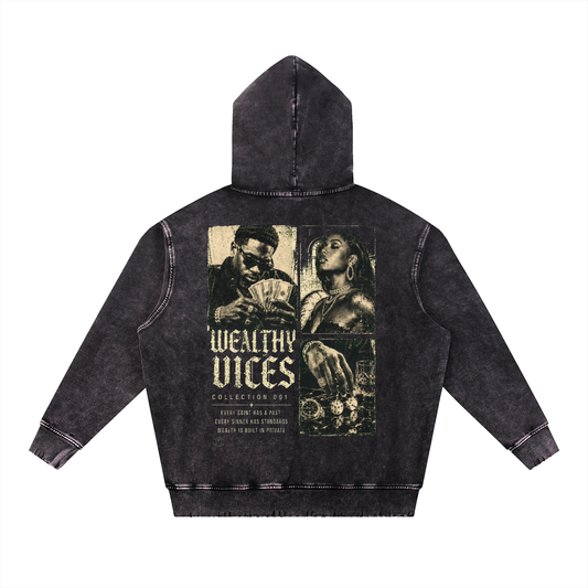 WEALTHY VICES "STANDARDS" SNOW WASHED FRAYED HEAVYWEIGHT HOODIE